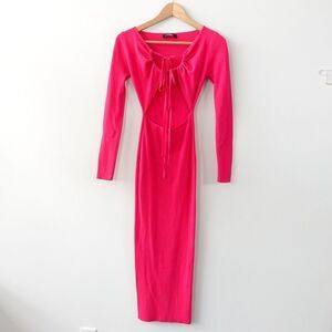 Cut Out Waist Sweater Dress XS Hot Pink Front Tie Party Cocktail Maxi Party HERA